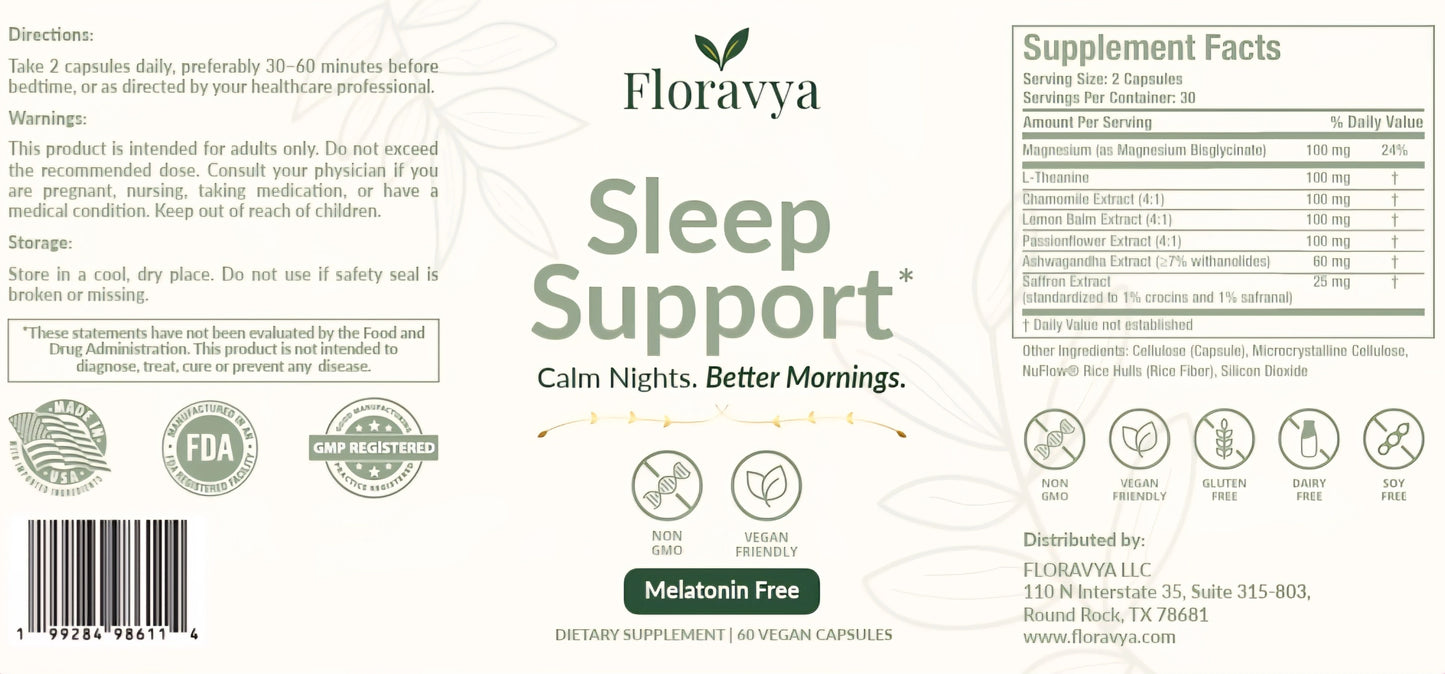 Floravva Sleep Support supplement label with branding and product details.