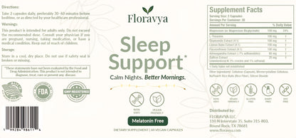 Floravva Sleep Support supplement label with branding and product details.