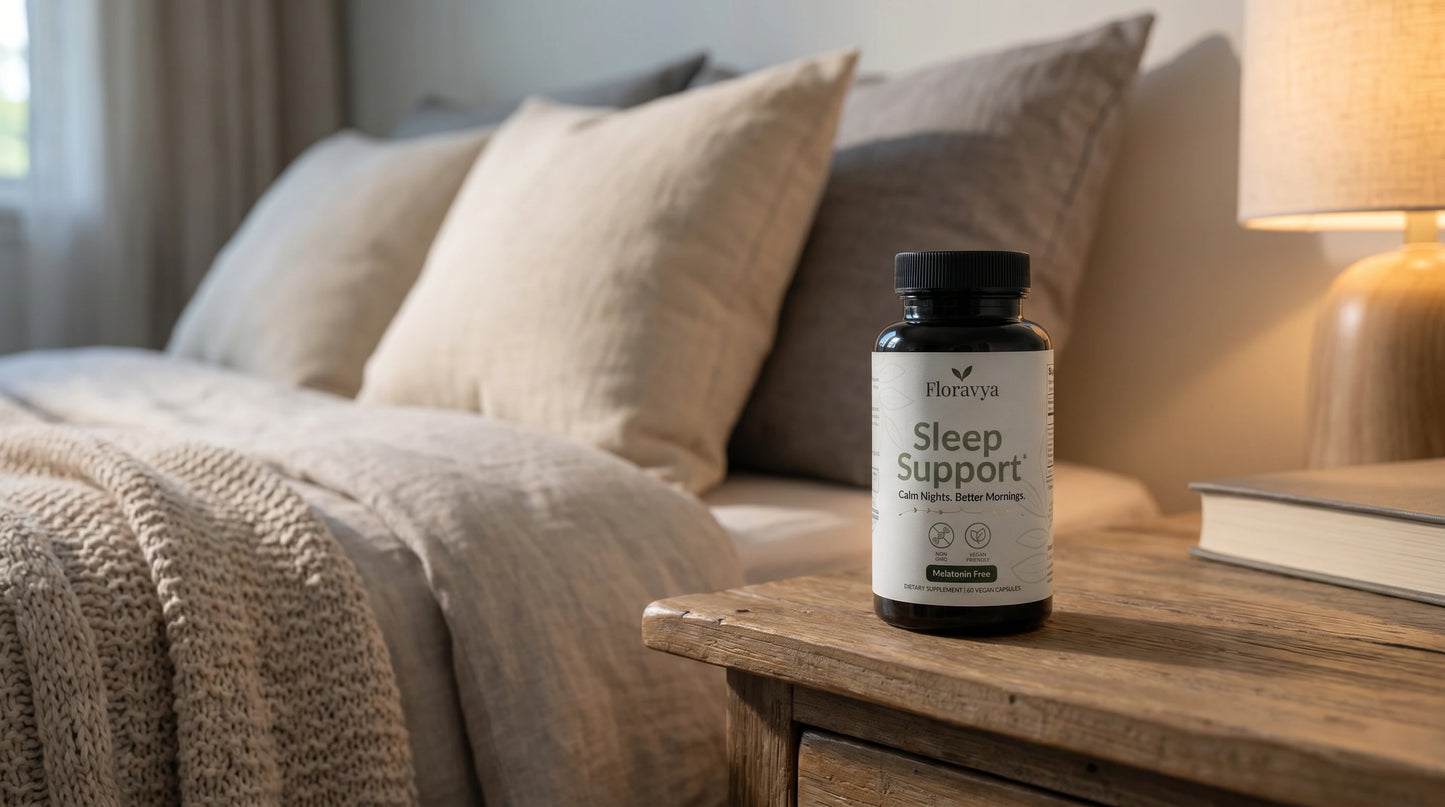 Floravya Sleep support supplement bottle on a nightstand next to a bed with pillows and a lamp.