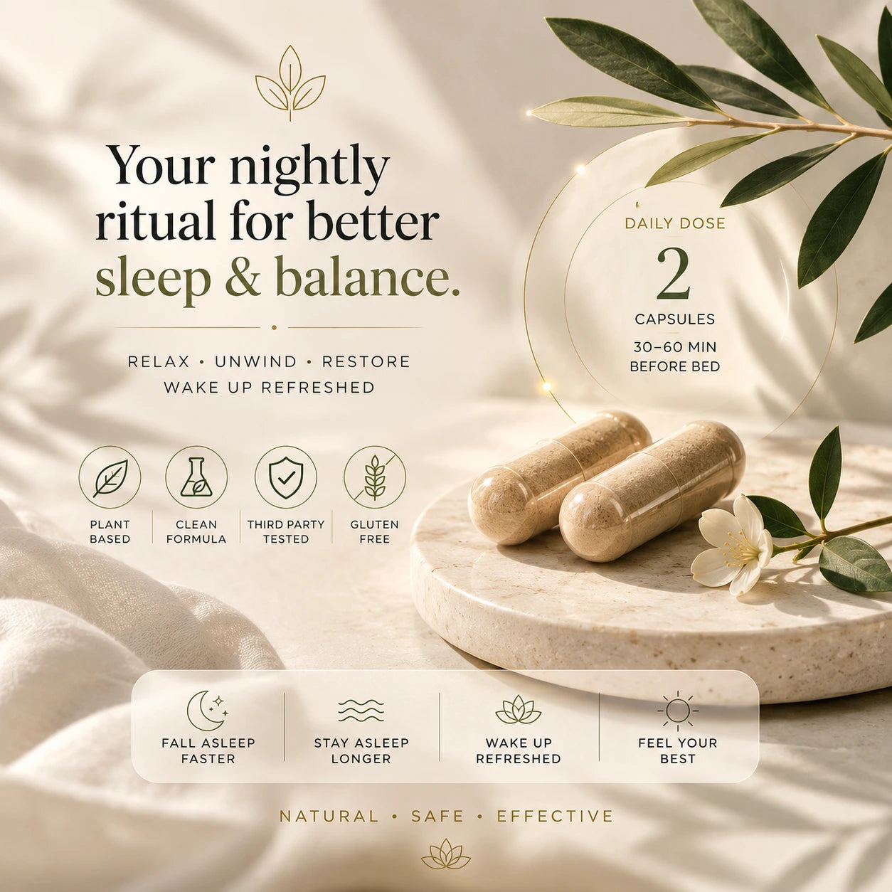 Floravya Sleep supplement capsules on a marble surface with green leaves and text about nightly ritual for better sleep and balance.