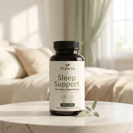 Floravya Sleep Support supplement bottle on a table with a blurred background