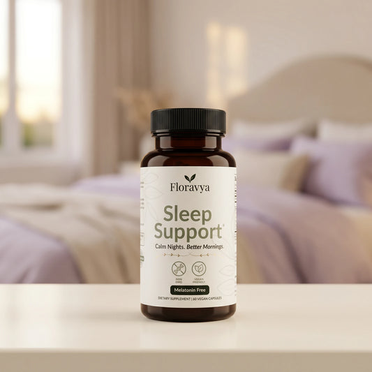 Bottle of Floravya Sleep Support on a nightstand in a bedroom setting